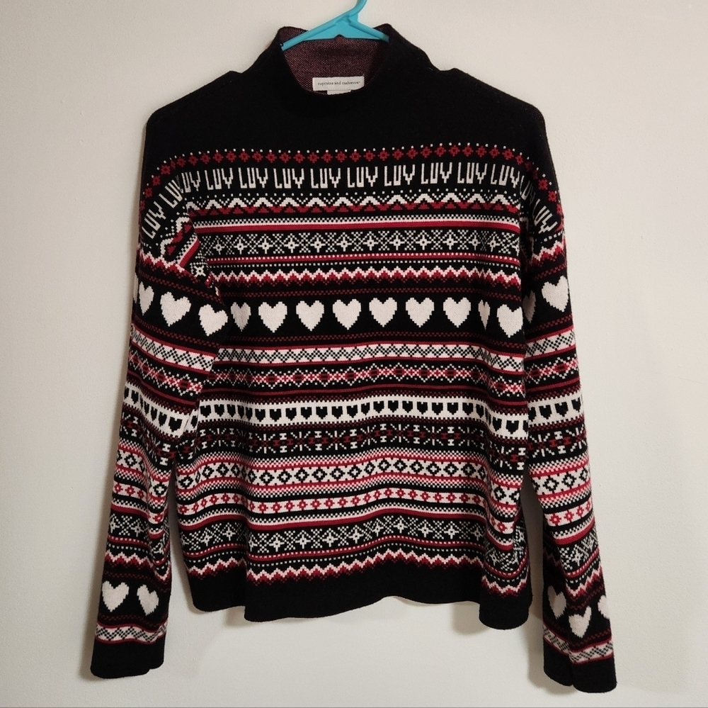 Cupcakes & Cashmere LUV Fair Isle Knit Sweater Mock Neck Black Red White Hearts